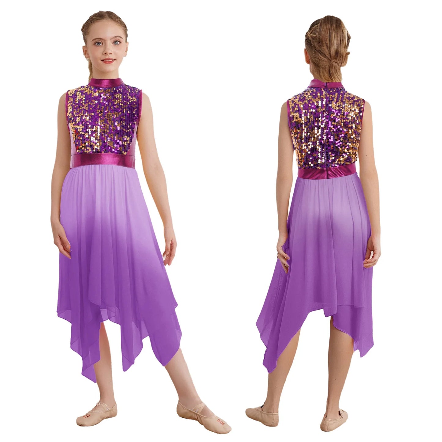 Girls Liturgical Worship Praise Dance Dress Contemporary Lyrical Dancewear Sleeveless Sequins Bodice Asymmetrical Tunic Dresses