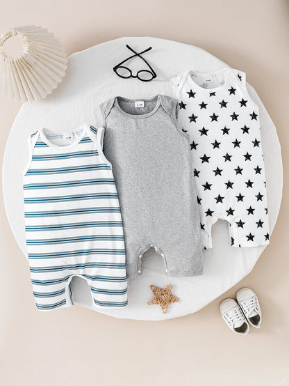 Baby Boy Summer Sleeveless Three-Piece Romper Set Infant Boys Outfit Collection Multi-piece Bodysuit Collection for Summer