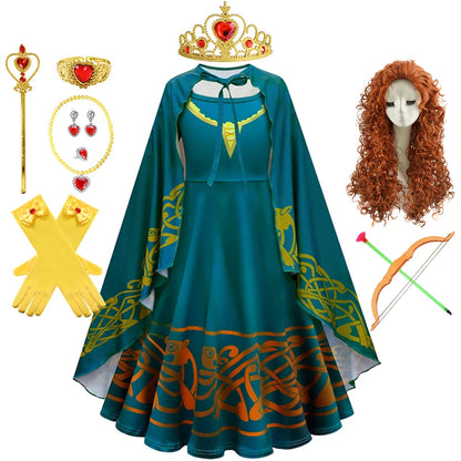 New Cartoon Movie Girls Princess Merida Dress Halloween Brave Princess Costume Children Green Velvet Long Sleeve Vintage Clothes
