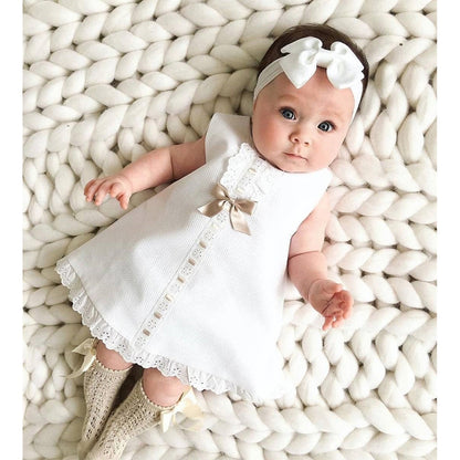 0-24 Months Newborn Infant Baby Girls Dress White Princess Lace Bowknot Sleeveless Dress Headband Clothes Outfit Sets