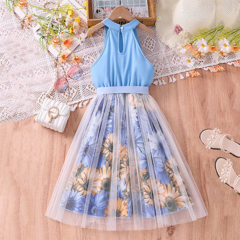 Kids Dress For Girls 8-12 Years Summer Girls Blue Printed Tulle Dress Elegant Fashion Temperamental Princess Dress For Kids
