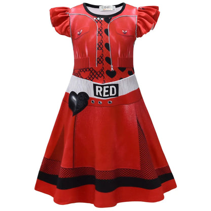 Kids D-Descendants 4 Red Girls Dresses Cosplay Costume Movie T-The Rise of Red Chloe Princess Dress Halloween Carnival Dress Up