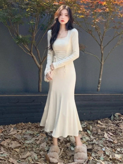 French Style Dresses Women High Waisted  Daily Casual Comfortable Long Sleeve Ladies Mermaid Dress  Autumn Winter Clothes  (Available)