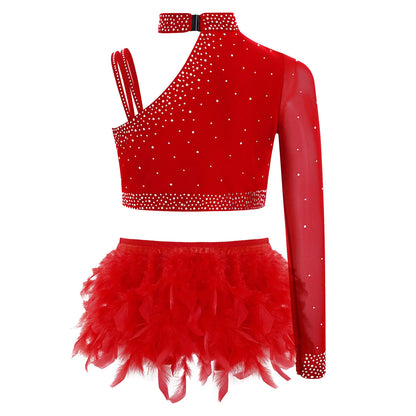 Girls Modern Dance Dress 2 Piece One-shoulder Sleeve Rhinestone Crop Top And Feather Skirts Sets Dance for Stage Performance