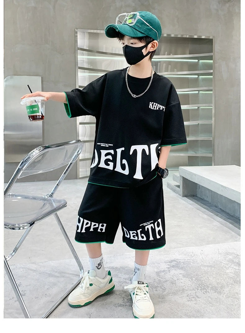 Boys Summer Letter Print Tee Shorts Two Piece Set New Big Kids Casual Wear Outfit Everyday Wear Simple Style Matching Children