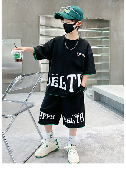 Boys Summer Letter Print Tee Shorts Two Piece Set New Big Kids Casual Wear Outfit Everyday Wear Simple Style Matching Children