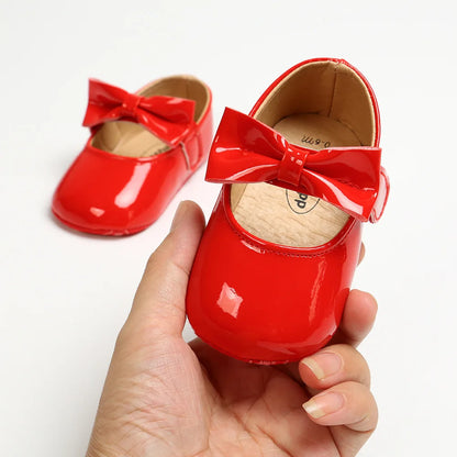 Newborn Baby Girls Shoes Patent Leather First Walkers Bow Red Black Soft Soled Non-slip Crib Kids Shoes