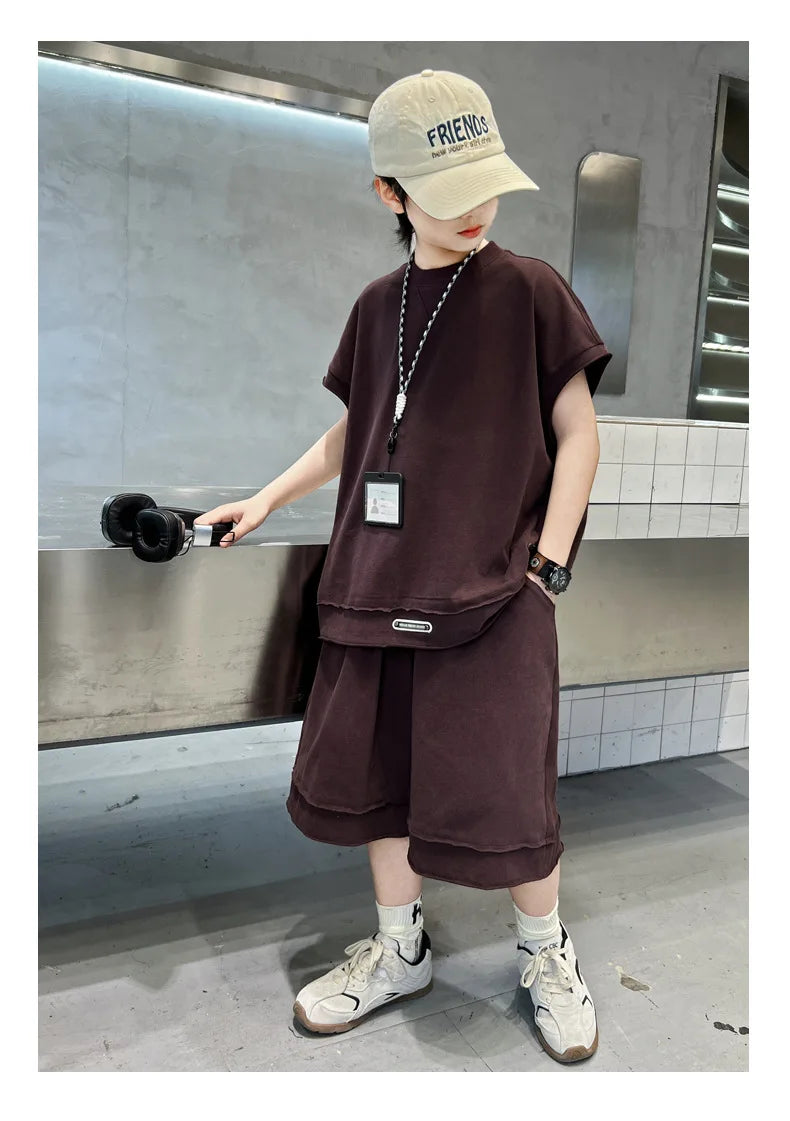 Boys' Summer Outfit Set 2025 New Style Children's Summer Short Sleeved Sportswear Vest Fashionable Boys' Thin Design