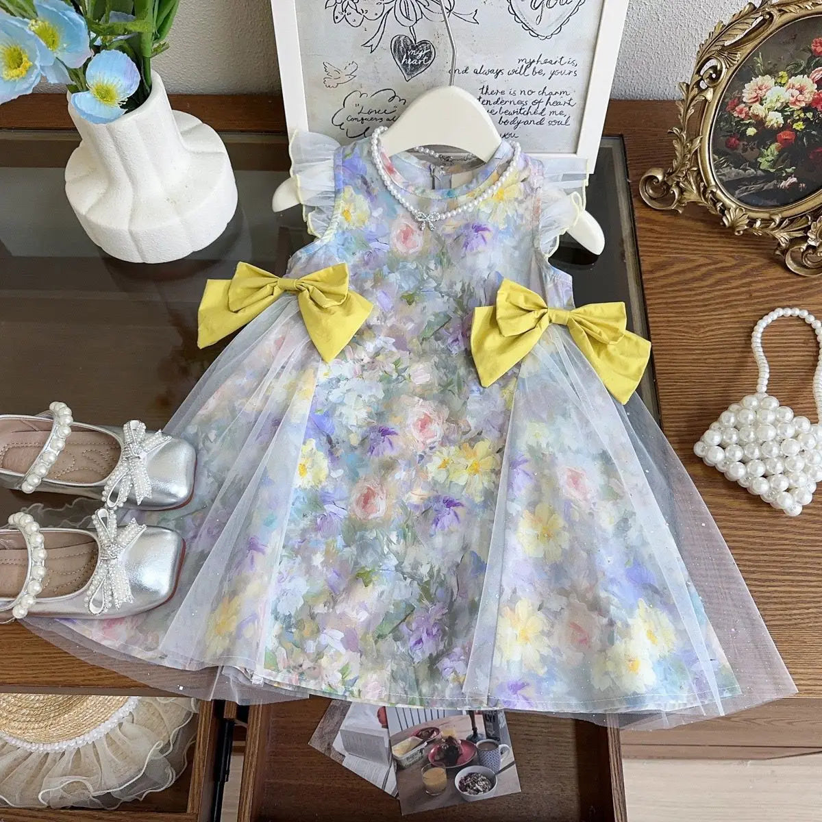 Girls Casual Dresses Girls' Floral Princess Dress with Bow Accents & Mesh Detailing - Flower Girl Party Dress