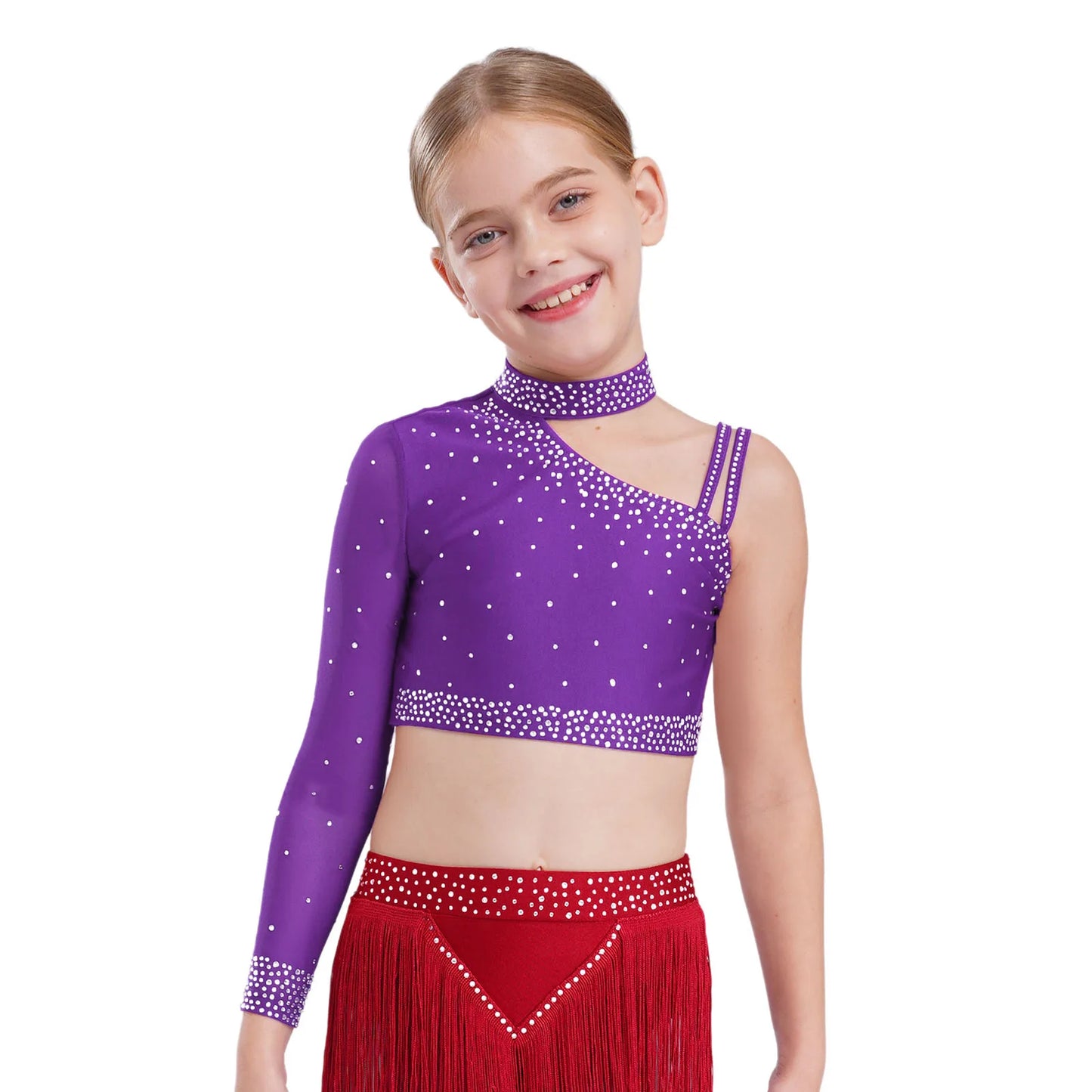 Girls Modern Dance Dress 2 Piece One-shoulder Sleeve Rhinestone Crop Top And Feather Skirts Sets Dance for Stage Performance
