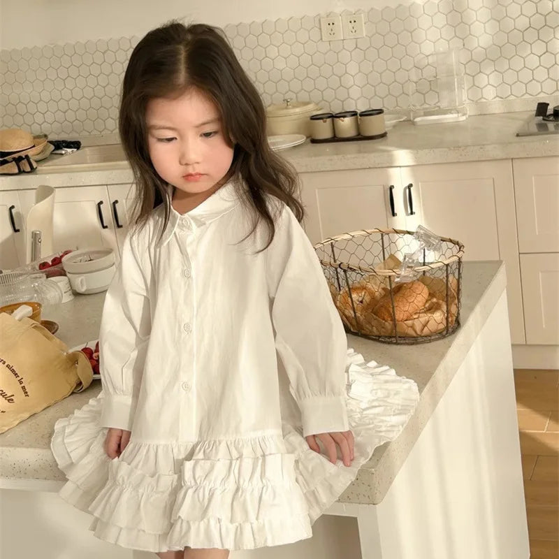 Girl's Shirt Dress Princess Spring New Long-sleeve Gown Children Summer Turn-down Dresses 2-8Y Kids Autumn Fashion Clothing