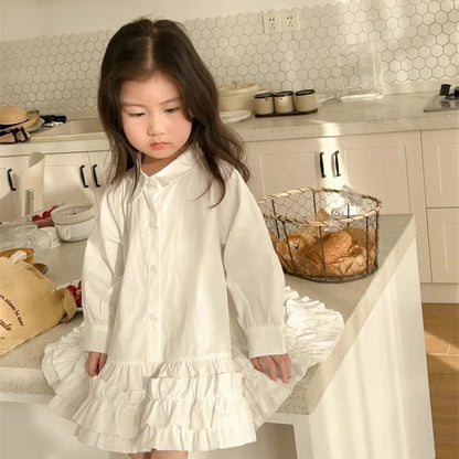 Girl's Shirt Dress Princess Spring New Long-sleeve Gown Children Summer Turn-down Dresses 2-8Y Kids Autumn Fashion Clothing