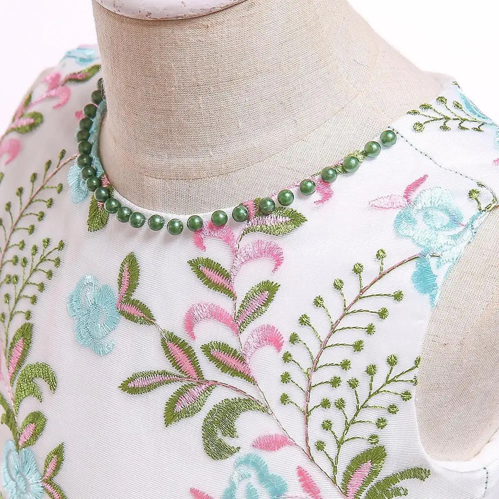 Party Prom Dress For Girls Flower Embroidery Princess Dresses Children Satin Bow Dovetail Dress For Kids Birthday Wedding Gown