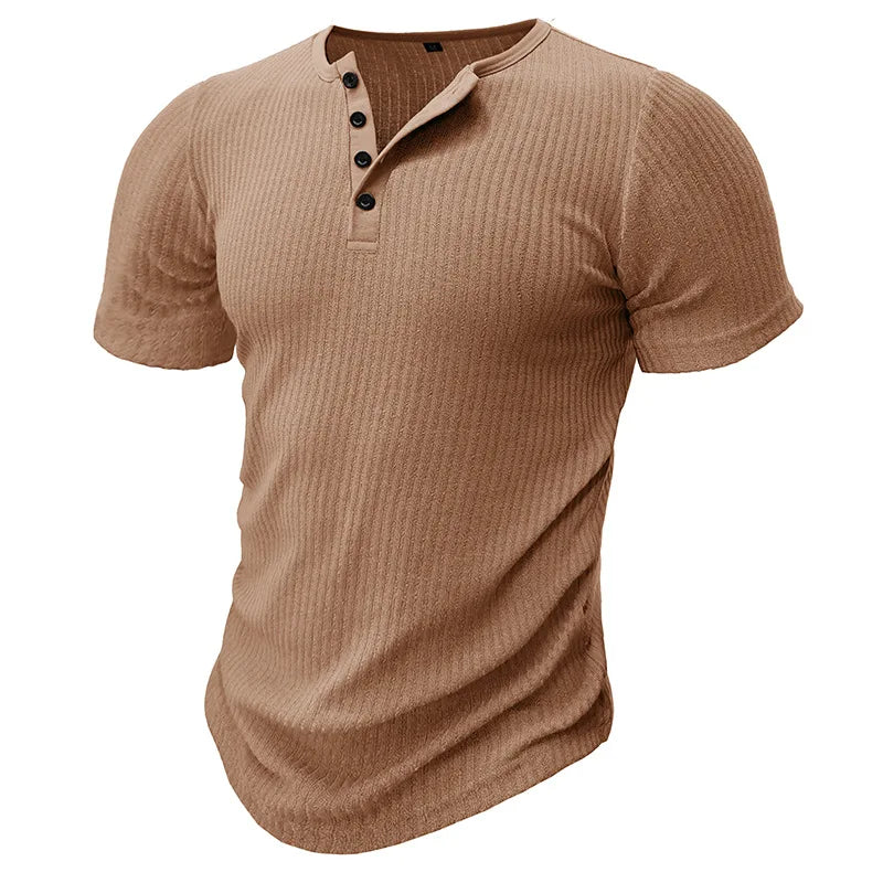 Summer Trend Men's Short Sleeve Casual T-Shirts Solid Henley Neck Button Up Pullover Tops Spring Turn Down Collar Basic Shirt (Available)