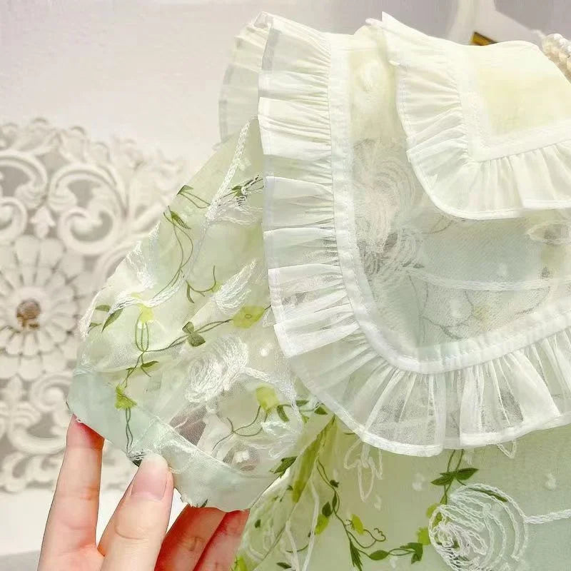 Girls Summer Dresses New Children's Princess Gown Big Kids Short-sleeved Dress Teen Girls Peter Pan Collar Clothing 4-12Y