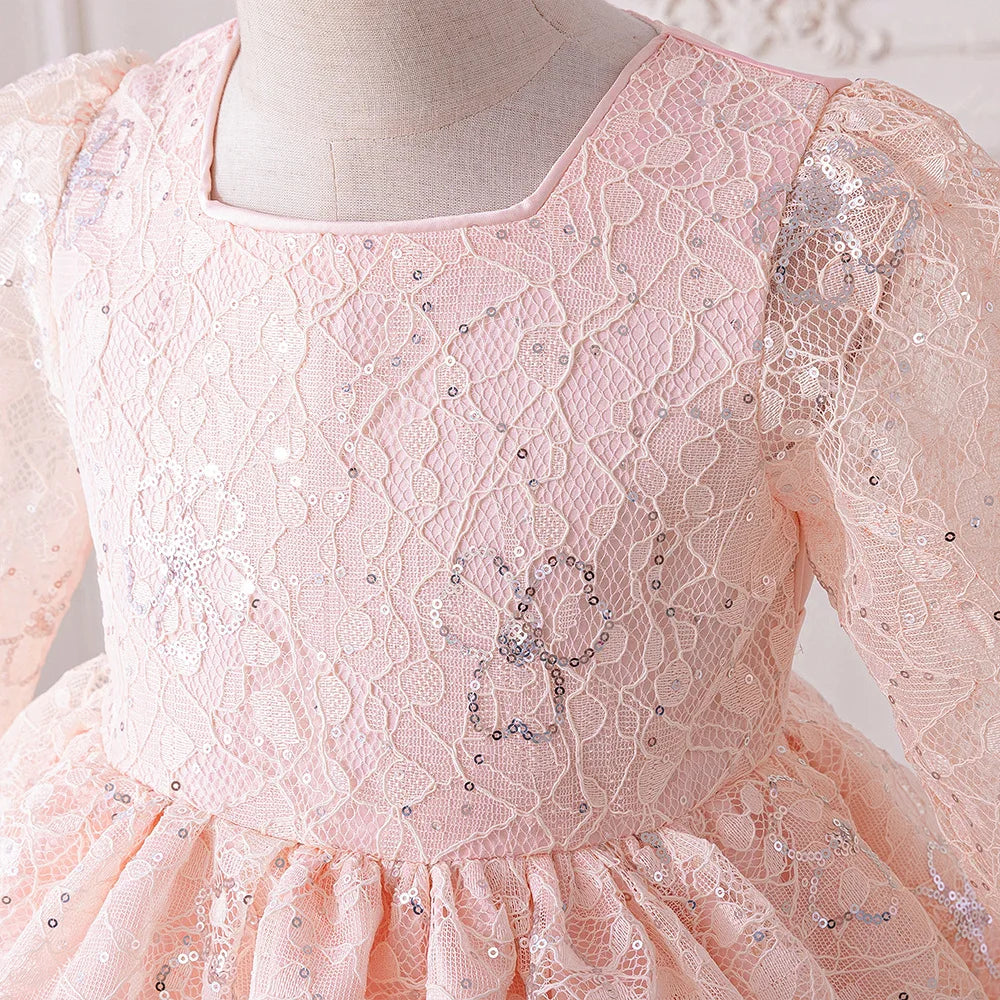 Kids Wedding Party Dresses Girls Bow White Flower Long Sleeved Costume Clothes Children Birthday Princess Gown Evening Vestidos