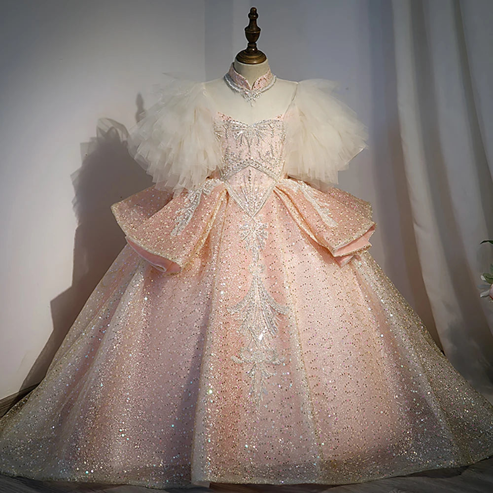 Kids Girls Princess Dress for Party Birthday Exquisite Beadings Sequined Tulle Ball Gown Flower Girl Wedding Dresses Children