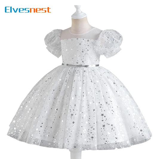 Summer Girls Dresses for Party and Wedding Lace Mesh Short Sleeve Girls Sequin Dress Fashion Girls Party Dress 4-10 Years