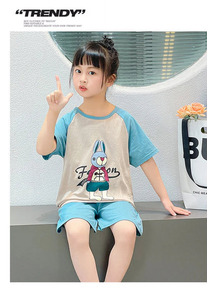 Summer Cartoon T-Shirt+Shorts 2-Piece Clothing Set Cotton Kids Boys Girls Casual Tracksuit Clothes Suits Outdoor Fashion 2-12Y