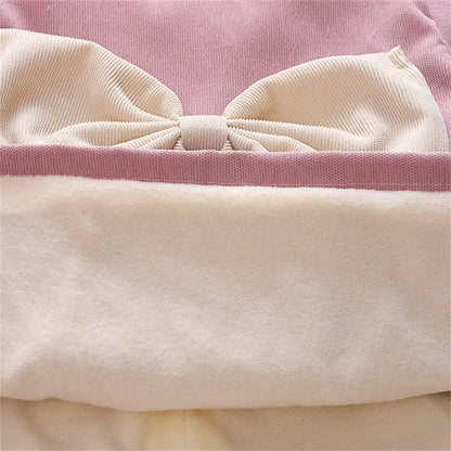Winter Baby Girl Fleece Dress Bow Soft Standing Neck Solid Color Thickened And Warm Retro Baby Dress  (Available)