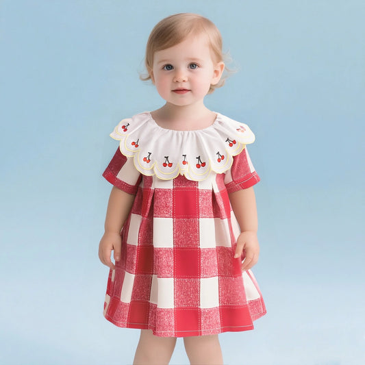 Baby Girl Dresses Summer New Short Sleeved Girl Clothes Plaid Lapel Sweet Cherry Print Casual Dresses For Girls