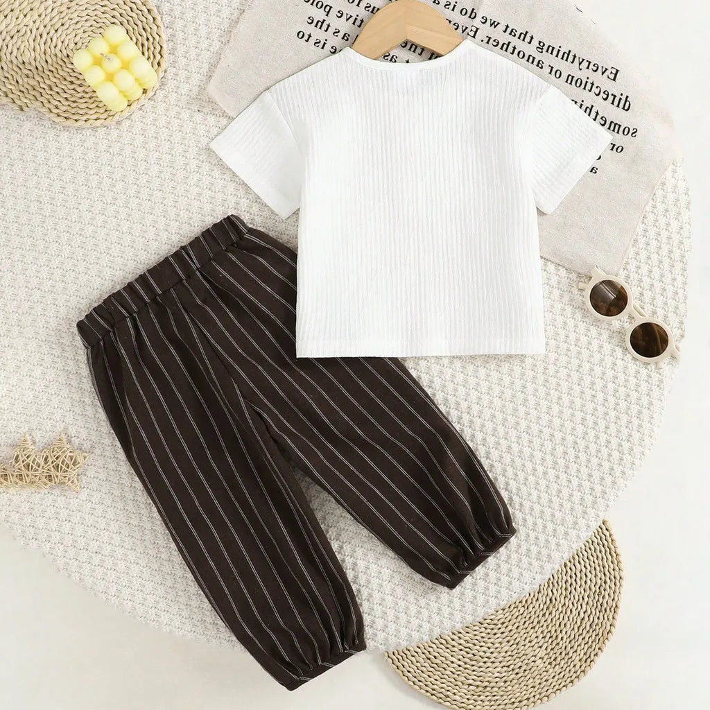 Baby Boy Summer Clothes Set Short Sleeve Top+Striped Pants 2PCS Comforts Outfits for Toddler Boy 1-3 Years Daily Wear Costume