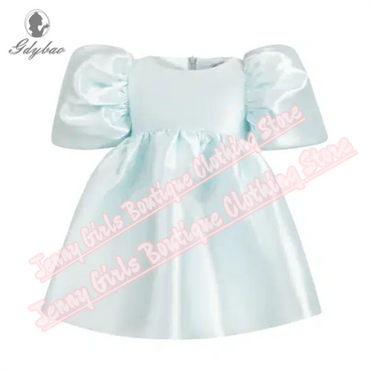 Girls Party Dresses Pink Satin 2025 Flower Girl Dress Bow Puff Sleeve Prom Baptism First Birthday Official Events
