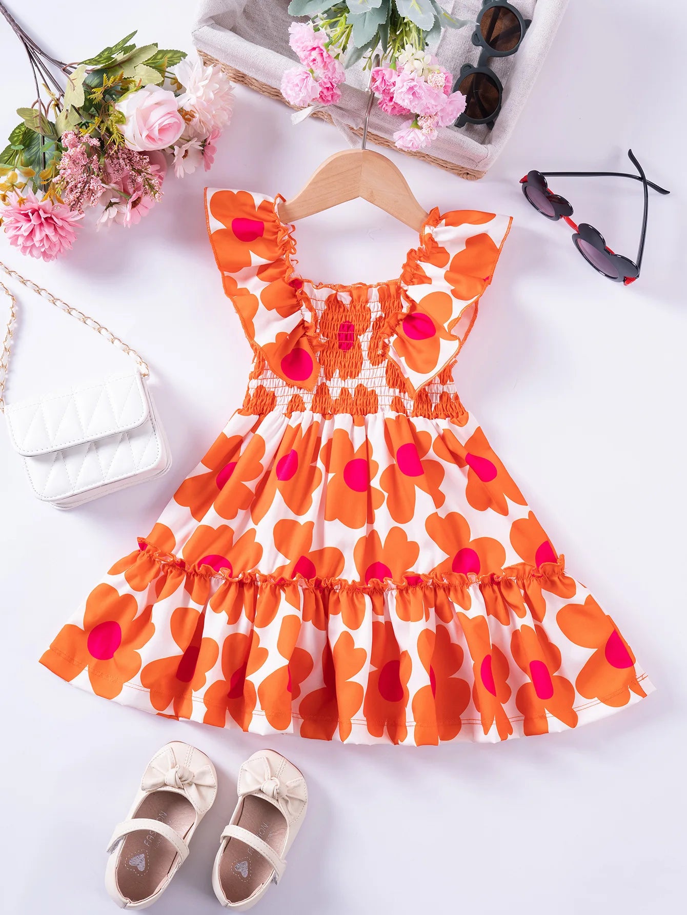 1 - 7 Y Baby Girls Sweet Floral Dress with Ruffled Sleeves & Smocked Waist - Perfect for Party & Summer Wear for Kids Girl Dress