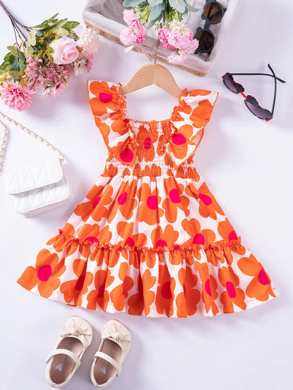 1 - 7 Y Baby Girls Sweet Floral Dress with Ruffled Sleeves & Smocked Waist - Perfect for Party & Summer Wear for Kids Girl Dress