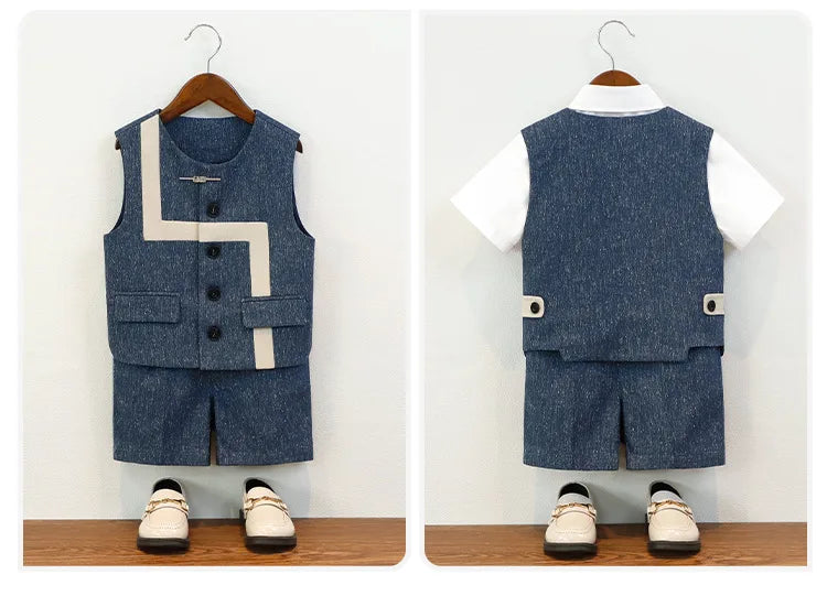 Summer Children Boys Suit Set Stylish Flower 1-10Y Boys Formal Wedding Suit Outfit Spliced Kids Baby Boys Vest Shirt Shorts Suit