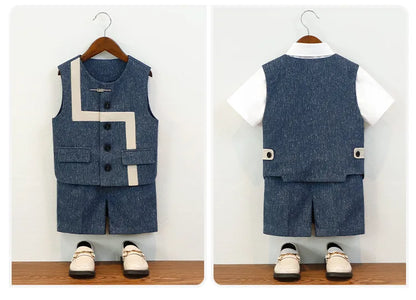 Summer Children Boys Suit Set Stylish Flower 1-10Y Boys Formal Wedding Suit Outfit Spliced Kids Baby Boys Vest Shirt Shorts Suit