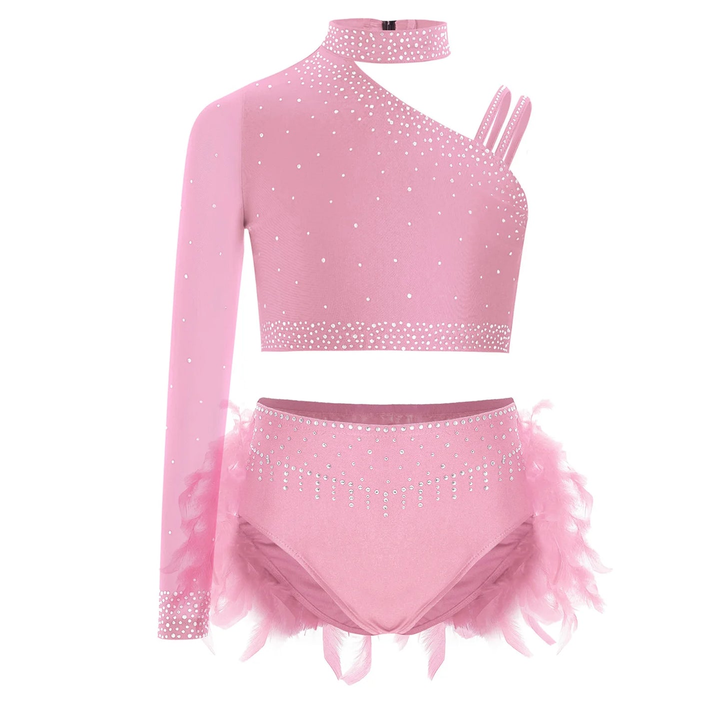 Girls Modern Dance Dress 2 Piece One-shoulder Sleeve Rhinestone Crop Top And Feather Skirts Sets Dance for Stage Performance