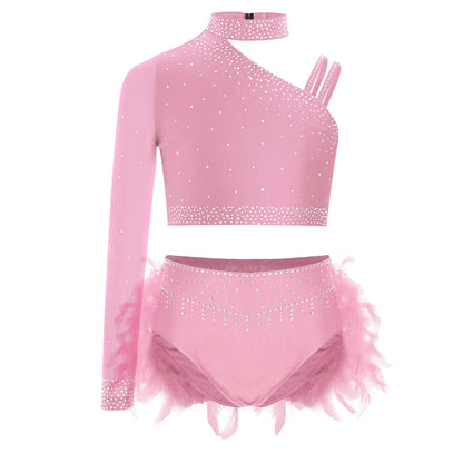 Girls Modern Dance Dress 2 Piece One-shoulder Sleeve Rhinestone Crop Top And Feather Skirts Sets Dance for Stage Performance