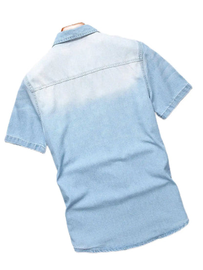 Men's summer blue short-sleeved denim shirt. Regular size. Casual, trendy street style. (Available)