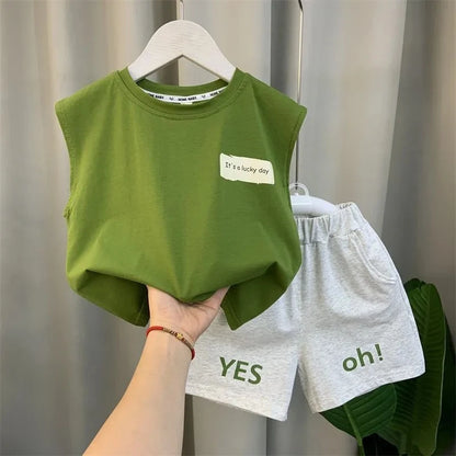 2025 New Boys Baby Girl Summer Vest Set Summer Sleeveless Fashion Boys' and Children's Handsome Two Piece Set