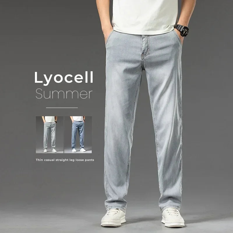 Men's Lyocell Soft Thin Jeans Light Color Straight Loose Casual Trousers Business Fashion Male Clothes Elasticity Denim Pants
