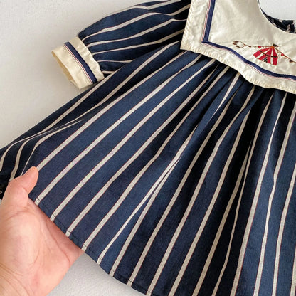Baby Girl's Dress 2025 Autumn New Retro Children's Embroidered Dress Striped Long-sleeved Princess Dresses