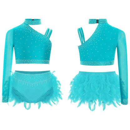 Girls Modern Dance Dress 2 Piece One-shoulder Sleeve Rhinestone Crop Top And Feather Skirts Sets Dance for Stage Performance