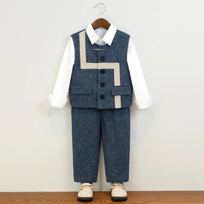 Summer Children Boys Suit Set Stylish Flower 1-10Y Boys Formal Wedding Suit Outfit Spliced Kids Baby Boys Vest Shirt Shorts Suit