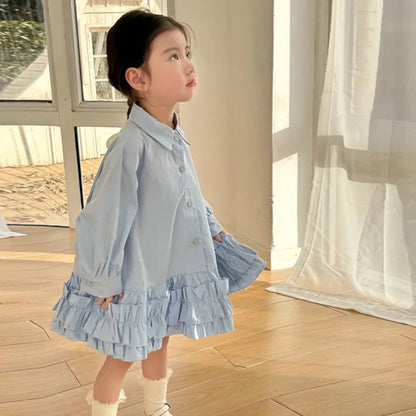 Girl's Shirt Dress Princess Spring New Long-sleeve Gown Children Summer Turn-down Dresses 2-8Y Kids Autumn Fashion Clothing