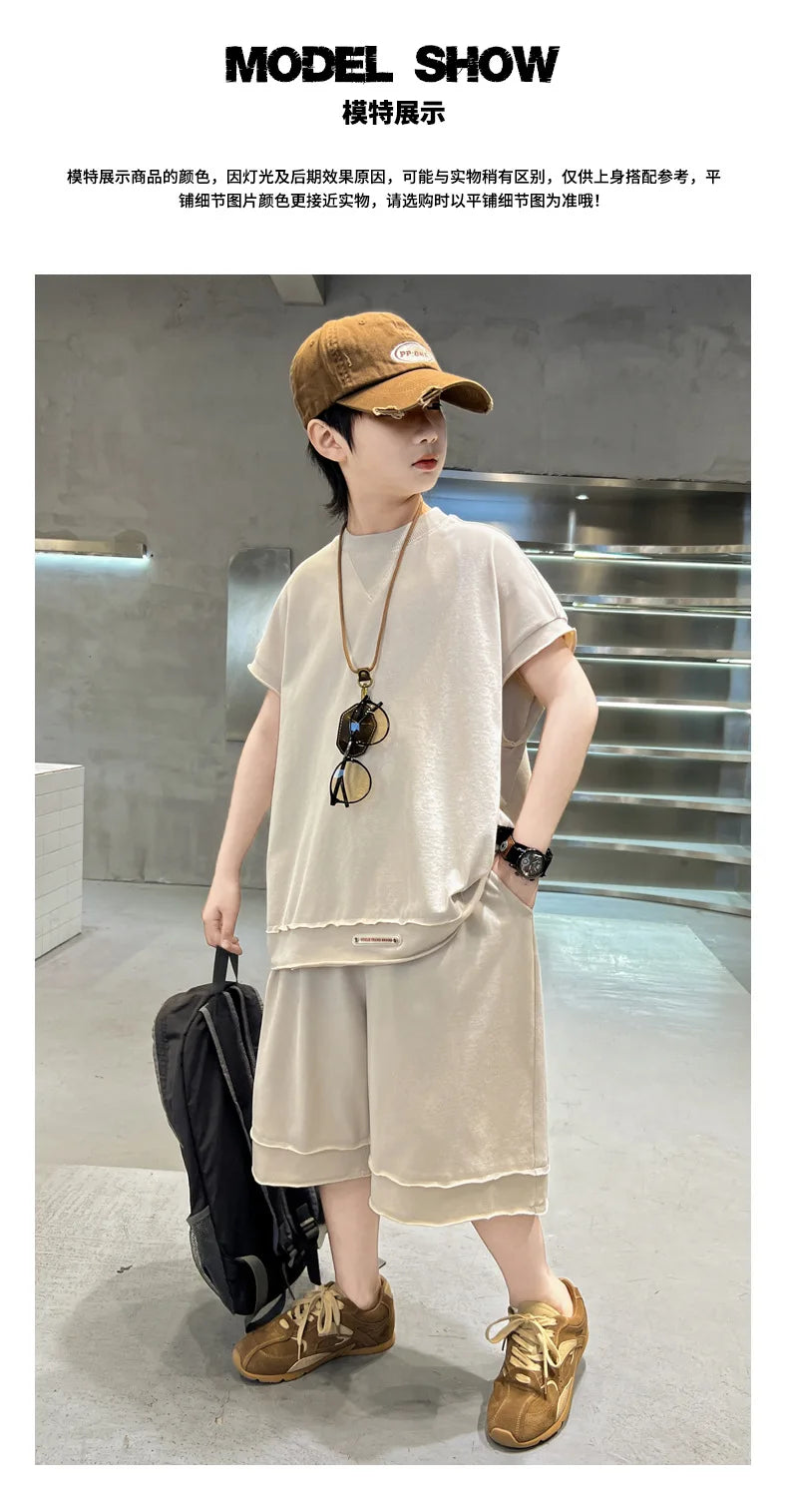 Boys' Summer Outfit Set 2025 New Style Children's Summer Short Sleeved Sportswear Vest Fashionable Boys' Thin Design