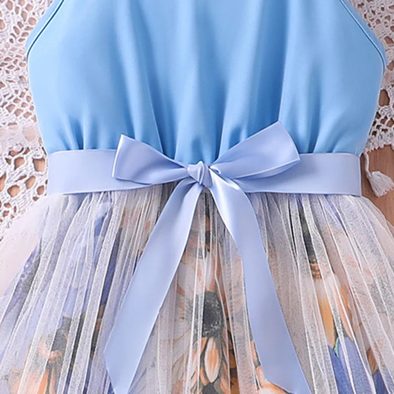 Kids Dress For Girls 8-12 Years Summer Girls Blue Printed Tulle Dress Elegant Fashion Temperamental Princess Dress For Kids