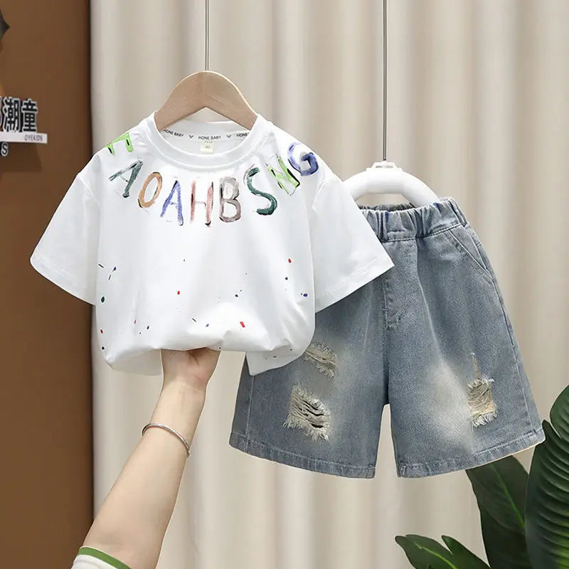 Summer Baby Boys Fashion High Quality Set Cotton Boy Short Sleeved Hole T-shirt + Denim Shorts Kids Loose Casual Clothes 2-11Y