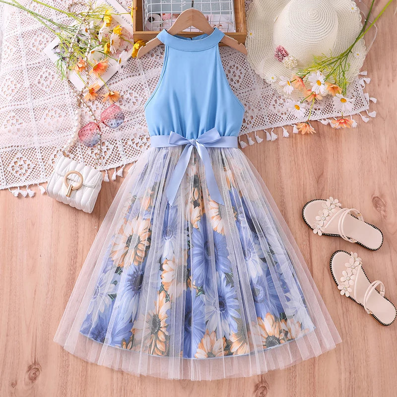 Kids Dress For Girls 8-12 Years Summer Girls Blue Printed Tulle Dress Elegant Fashion Temperamental Princess Dress For Kids