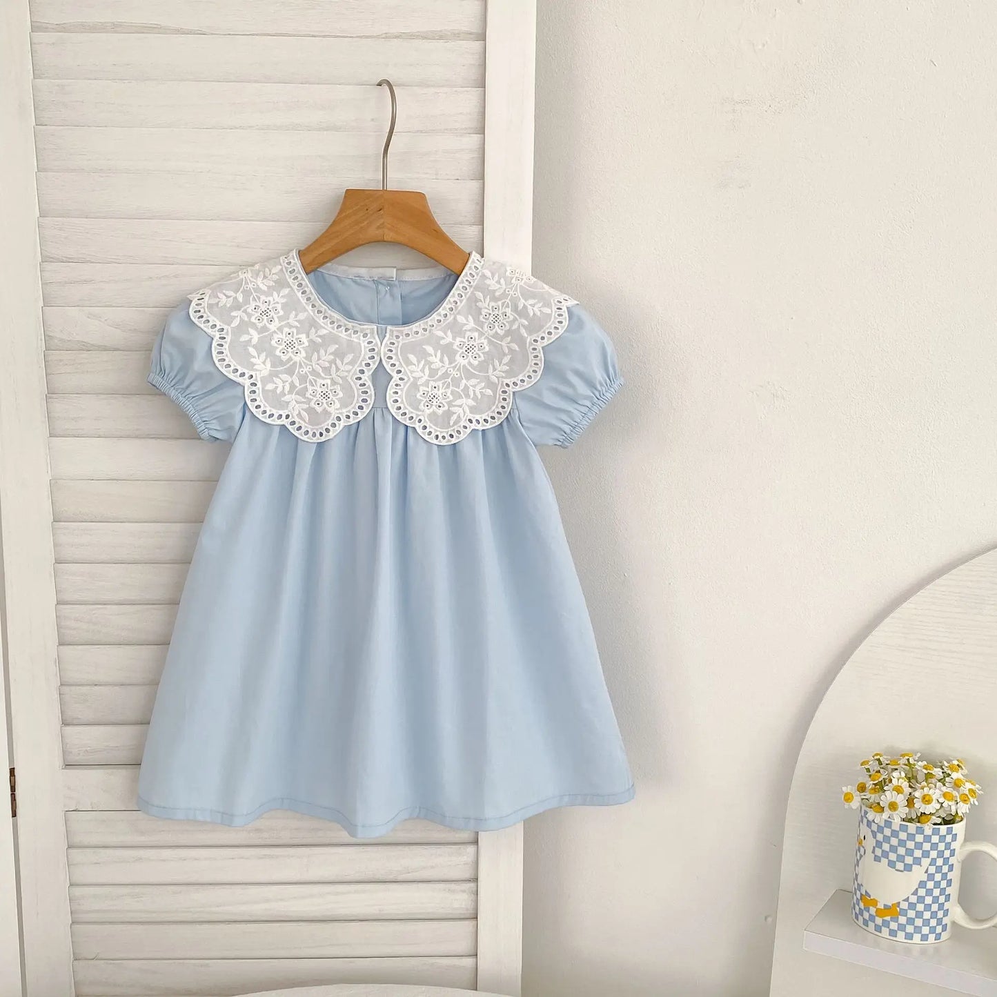 Baby Girls Dress Kids Summer Cute Flowers Dress 1-6 Yrs Children Fashion Doll Collar Princess Dress Blue Cotton Girl's Dresses