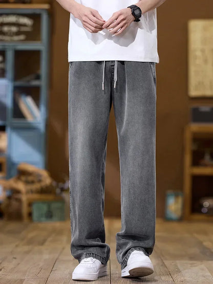Soft Lyocell Thin Drawstring Jeans Men's Korean Cozy Casual Fashion Straight Trousers Male Streetwear Loose Denim Pants