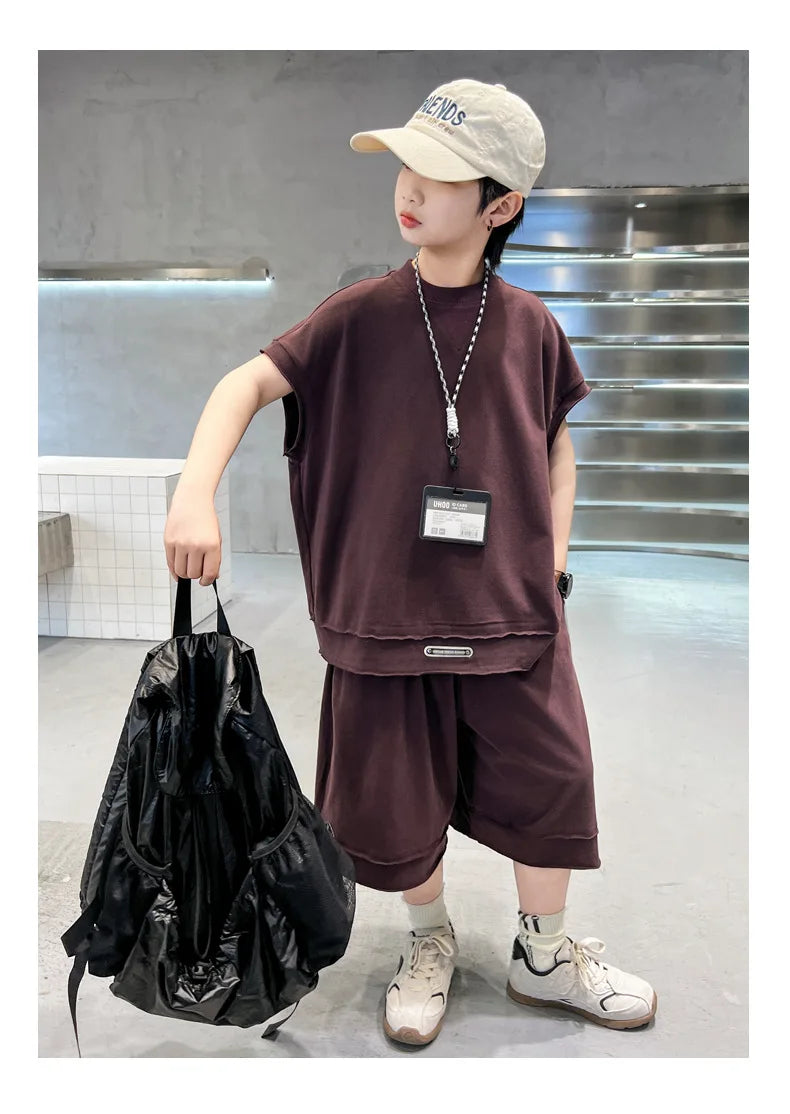 Boys' Summer Outfit Set 2025 New Style Children's Summer Short Sleeved Sportswear Vest Fashionable Boys' Thin Design