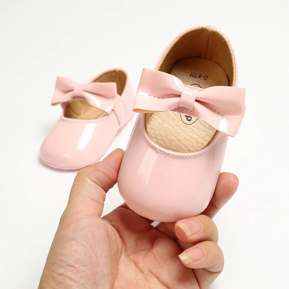 Newborn Baby Girls Shoes Patent Leather First Walkers Bow Red Black Soft Soled Non-slip Crib Kids Shoes