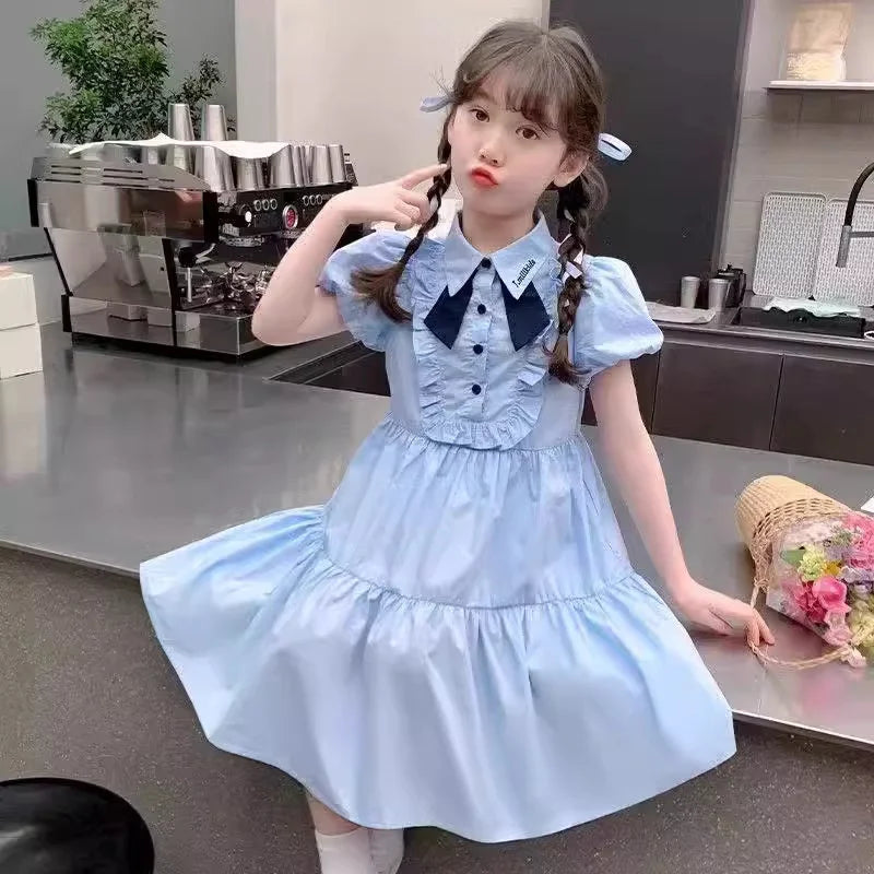 Girl's Dress Summer 2025 New Children's College Style Gown Teenager Turn-down Collar Clothes Kids Fashion Short Sleeve Desses