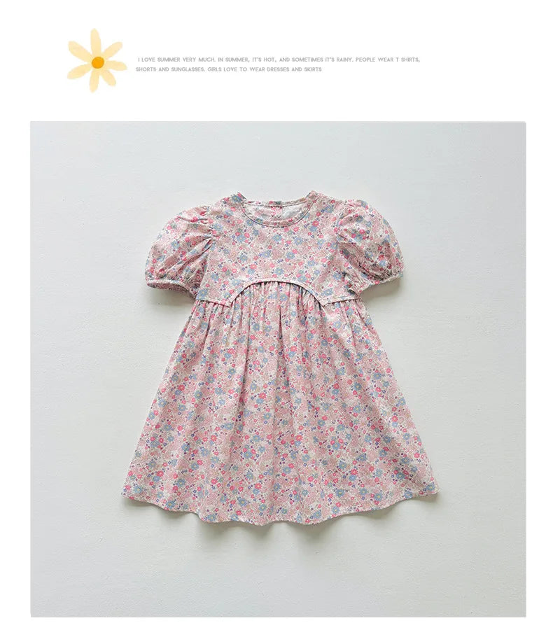 2025 Summer Kids Girls Dresses Short Sleeve A Line Girls Dresses Floral Print Pleated Dress For Girl